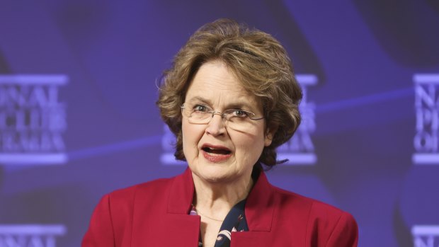 The outgoing secretary of the Department of Foreign Affairs and Trade (DFAT), Frances Adamson, addresses the National Press Club on Wednesday. 