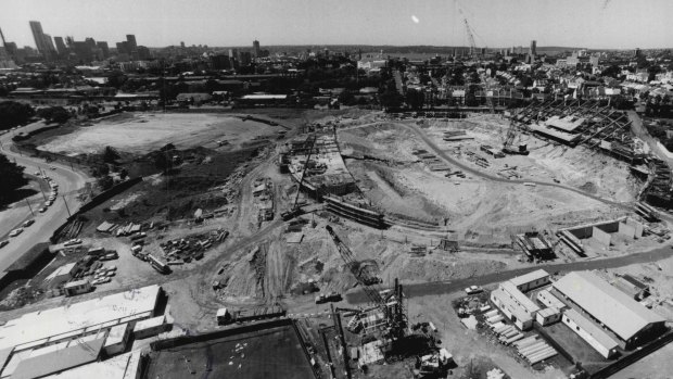 The progress of the new sports ground taken from one of the light towers at the SCG, December 17, 1986
