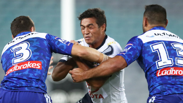 Concerning: Te Maire Martin (centre) suffered a brain bleed in the wake of this match against the Bulldogs in round seven.