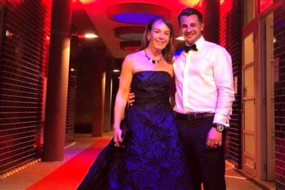 Melissa Caddick, pictured here with Anthony Koletti, wearing a Canturi diamond and sapphire necklace which is set to feature in the sale of her jewellery.
