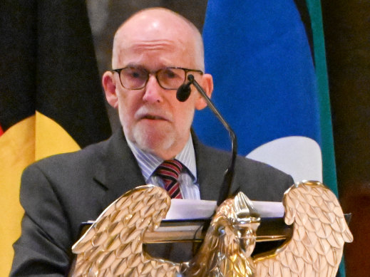 Frank O’Connor gives a eulogy at Father Bob Maguire’s state memorial service at Melbourne’s St Patrick’s Cathedral.