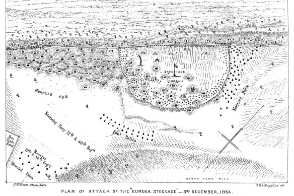 This map, published in a history of Ballarat in 1870, shows the curved stockade.