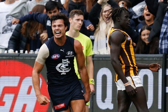 Jack Silvagni celebrates a last-quarter goal for the Blues.