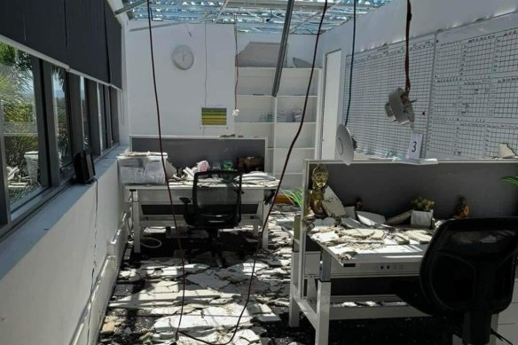 The inside of a building after the roof was torn off in the storm.