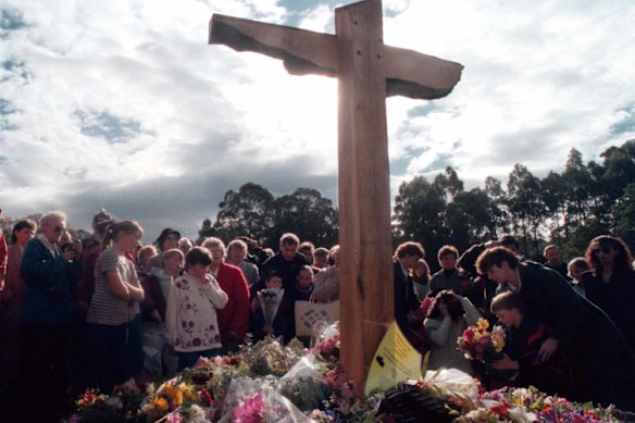 Mourners pay their respects at a Port Arthur memorial.