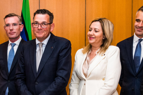 Daniel Andrews and Annastacia Palaszczuk at national cabinet earlier this year.
