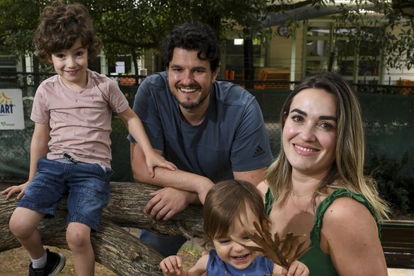  Steve Manos and Christina Paleologos, with their kids Ares, 5, and Atlas, 1, at the Brookville Kindergarten in Toorak.
