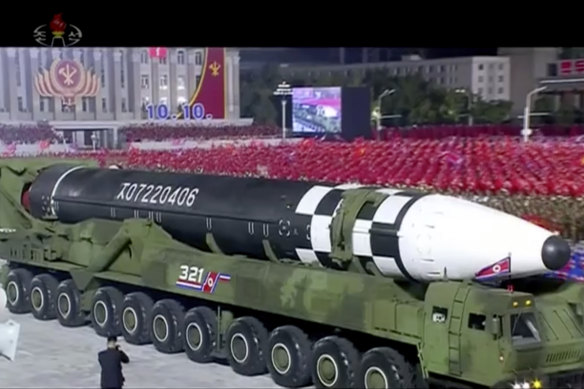 This image from North Korea’s KRT broadcaster from the 2020 parade for the 75th anniversary of the ruling party revealed what appeared to be a new intercontinental ballistic missile. 
