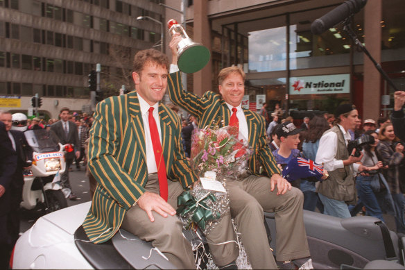 Mark Taylor and Ian Healy on parade after the 1995 West Indies tour.