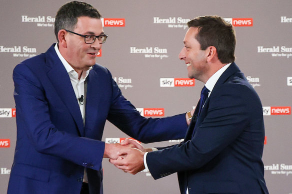 Matthew Guy and Daniel Andrews shake hands before the start of Tuesday’s debate.