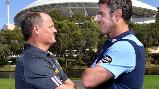 Kevin Walters and Brad Fittler face off at Tuesday's Origin launch.