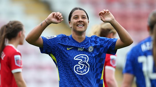 Sam Kerr celebrates scoring for Chelsea against Manchester United in the WSL on Sunday.