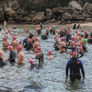 Bold and Beautiful swim squad members entering the water at Shelly Beach less than a week after a shark attack in the same area in 2019.