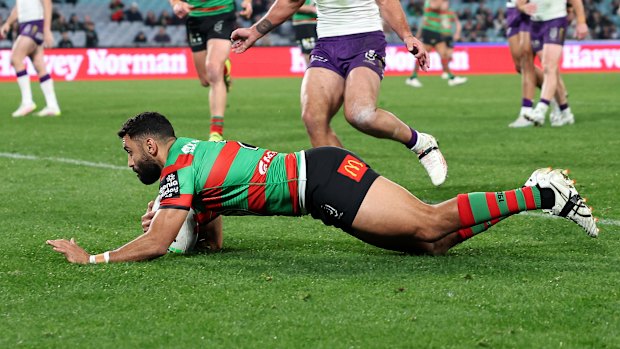 Alex Johnston goes over for the Rabbitohs.