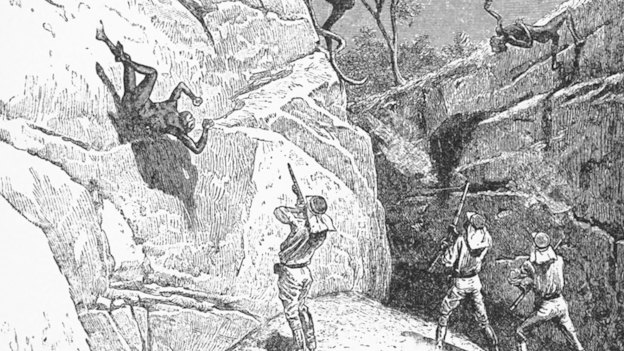 An 1888 drawing depicting a massacre by Queensland Native Police. One participant’s account of such a slaughter recalls, “With some
of the dead blacks lying close to us … we ate and enjoyed our pot of tea and our dinner.”