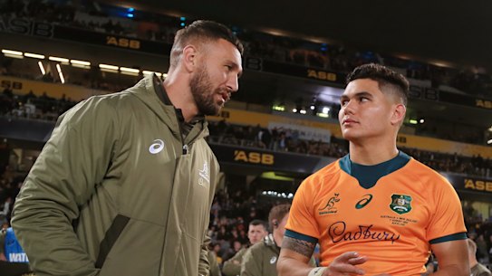 Quade Cooper chat with Wallabies youngster Noah Lolesio. 