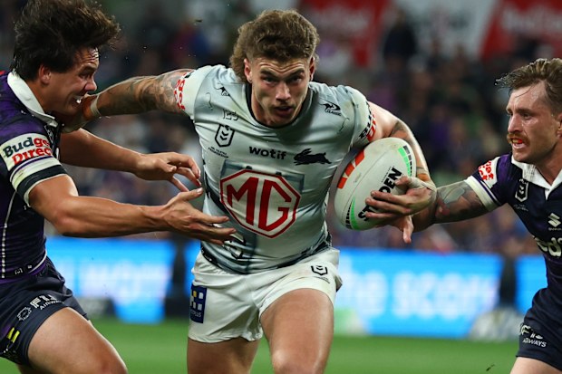 MELBOURNE, AUSTRALIA - APRIL 25: Tallis Duncan of the Rabbitohs makes a break to score during the round eight NRL match between Melbourne Storm and South Sydney Rabbitohs at AAMI Park, on April 25, 2026, in Melbourne, Australia. (Photo by Robert Cianflone/Getty Images)