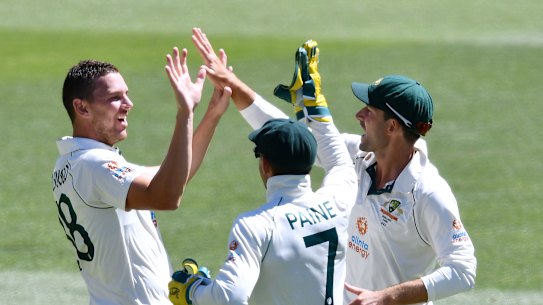 What a spell: Josh Hazlewood (left) celebrates the dismissal of Ravi Ashwin.