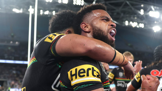 Panthers winger Sunia Turuva celebrates a try that should never have been disallowed.