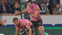Isaah Yeo clutches at an injured pec.