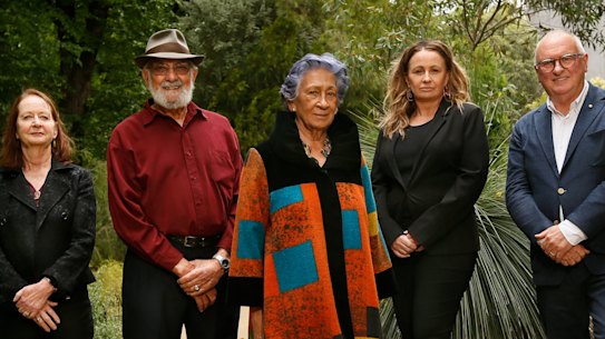 Yoorrook Justice Commission: Commissioners (L-R) Professor Maggie Walter, Dr Wayne Atkinson, Distinguished  Yoorook chair Professor Eleanor Bourke, Yoorrook deputy chair Sue-Anne Hunterand Professor Kevin Bell.