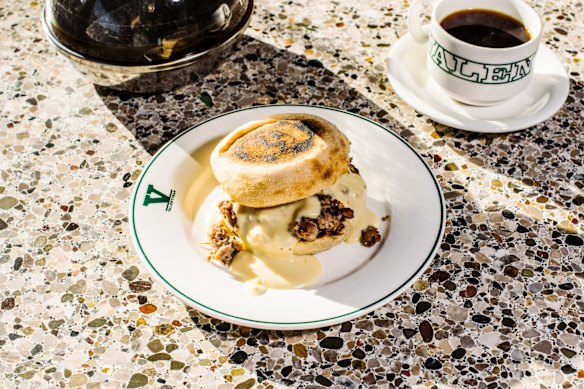 English muffin with sausage gravy.