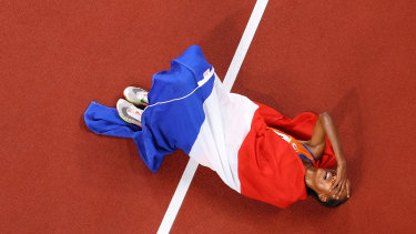 Sifan Hassan of Team Netherlands reacts after winning the gold medal in the Women’s 5000 metres.