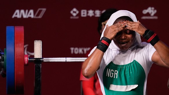 Latifat Tijani, pictured competing at the Tokyo Olympics, was disqualified on Thursday from her powerlifting event. 