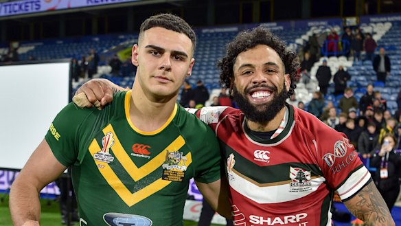 Jacob Kiraz and Josh Addo-Carr swap jerseys at the 2022 World Cup.