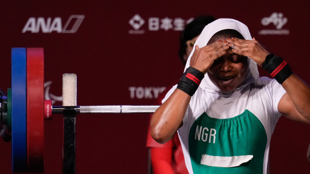 Latifat Tijani, pictured competing at the Tokyo Olympics, was disqualified on Thursday from her powerlifting event. 