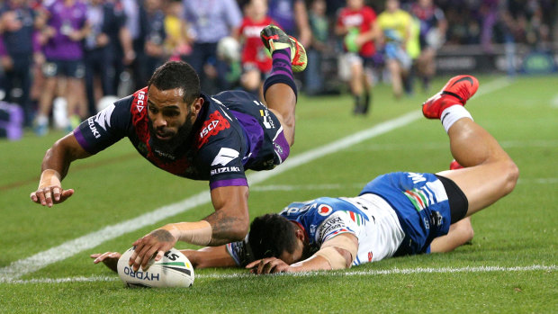 Another fiver: Josh Addo-Carr scores in the corner for the Storm.