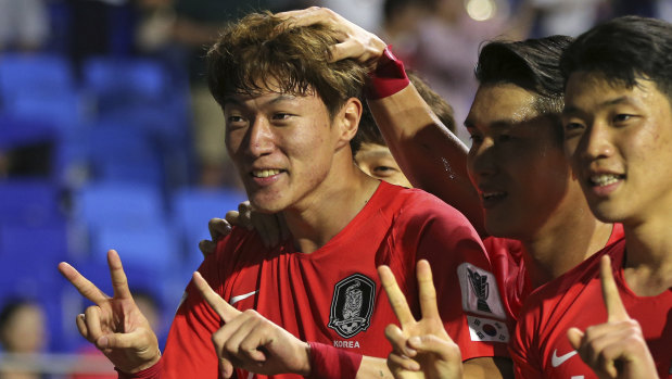 Winning start: Hwang Ui-Jo after scoring the eventual winner for tournament fancies South Korea against the Philippines.