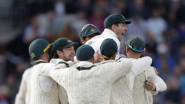 Tim Paine celebrates after Josh Hazlewood claims the final wicket of The Ashes.