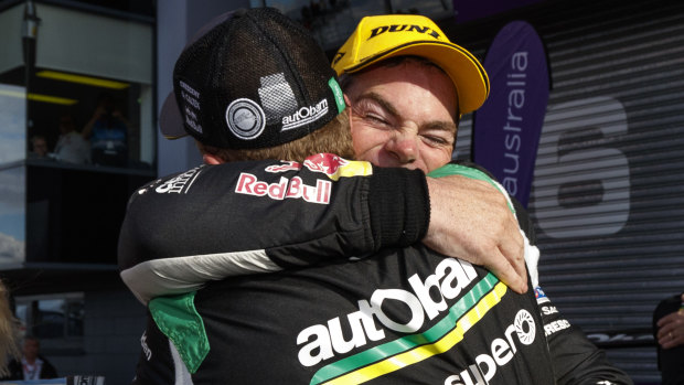 Craig Lowndes and co driver Steve Richards embrace after their famous win.