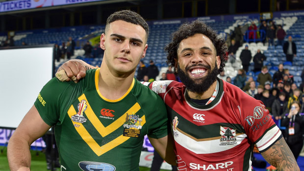 Jacob Kiraz and Josh Addo-Carr swap jerseys at the 2022 World Cup.