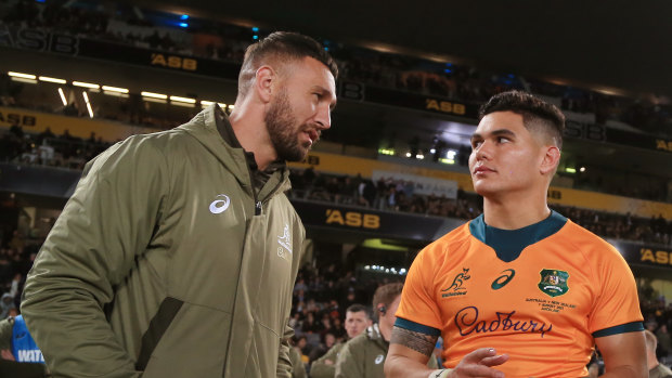 Quade Cooper chat with Wallabies youngster Noah Lolesio. 