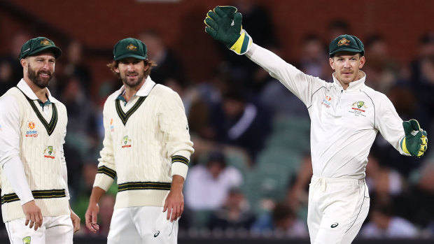 Tim Paine directs traffic for Australia at Adelaide Oval.