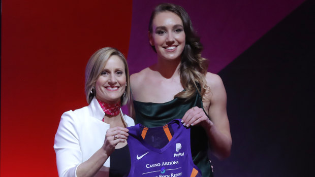 Australian Alanna Smith (right) after being taken at No.8 in the WNBA draft.