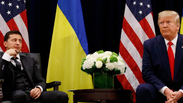 US President Donald Trump with Ukrainian President Volodymyr Zelenskiy in 2019. The attacks coincided with an impeachment inquiry into whether Trump abused his office by pushing Ukraine to investigate Burisma and Hunter Biden.
