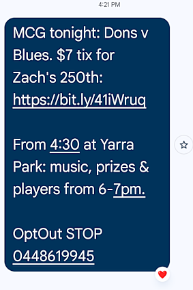 A text message sent to Essendon supporters offering $7 tickets for tonight’s match.