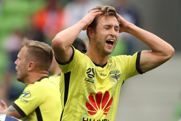 Matti Steinmann after missing a shot on goal during the match between the Melbourne Victory and the Wellington Phoenix at AAMI Park earlier this season.