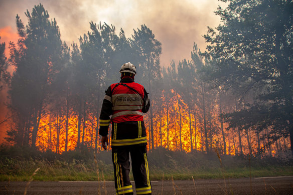 Climate-related disasters are increasing: a wildfire burning in southwestern France.