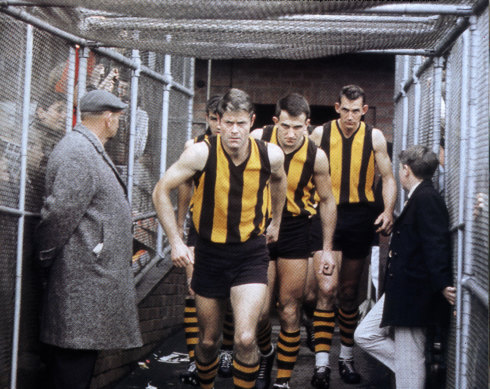 Captain David Parkin leading Hawthorn out in 1971, a premiership year.