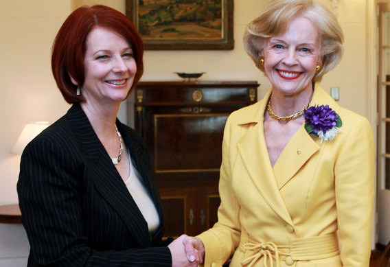 Julia Gillard on the day she was  sworn in as prime minister in 2010, with the then governor-general, Quentin Bryce.