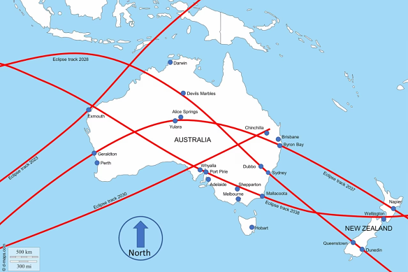 A map showing the trajectory of five total solar eclipses which will be visible in Australia between 2023 and 2038.