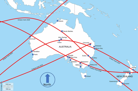 A map showing the trajectory of five total solar eclipses which will be visible in Australia between 2023 and 2038. 