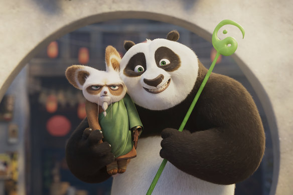 Shifu, voiced by Dustin Hoffman, left, and Po, voiced by Jack Black in a scene from Kung Fu Panda 4. 