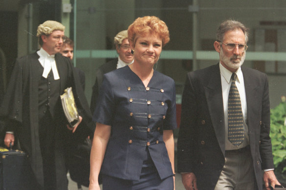 Pauline Hanson and her legal team outside the Brisbane Supreme Court in 1998, after winning an injunction to prevent the song airing.
