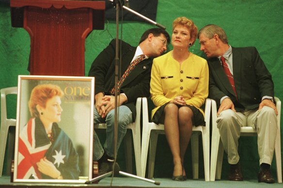 Pauline Hanson with fellow One Nation co-founders David Oldfield (left) and David Ettridge in 1998. The partnership ended badly.