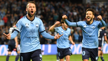 Spot on: Sydney's Adam Le Fondre celebrates his penalty goal.